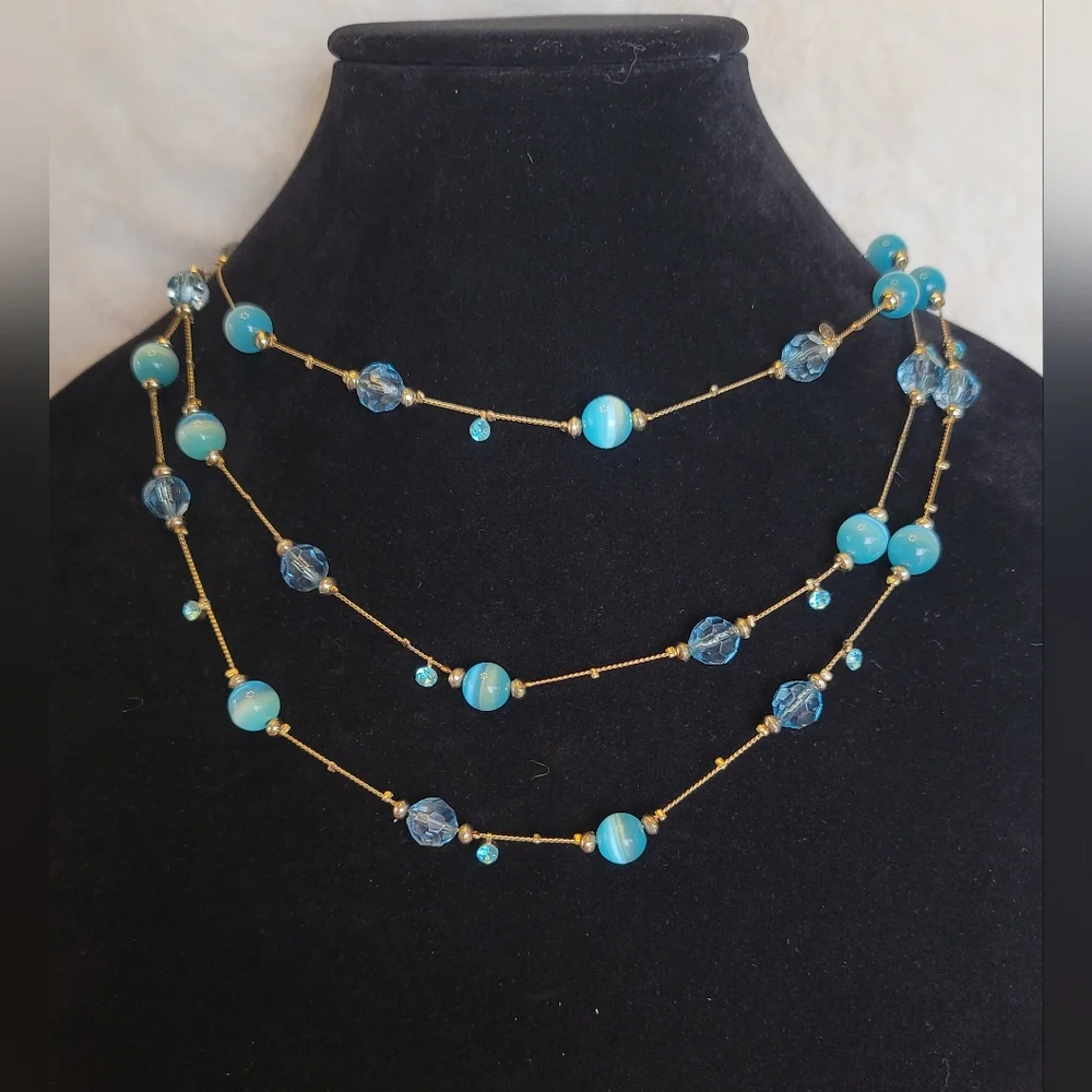 Long Blue Catseye Illusion Necklace - Vintage, Estate, 60", Versatile Styling - Picture 6 of 11